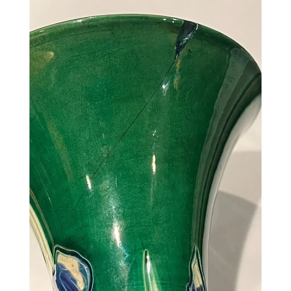Awaji Green Ceramic Vase With Blue Iris Motif 6
